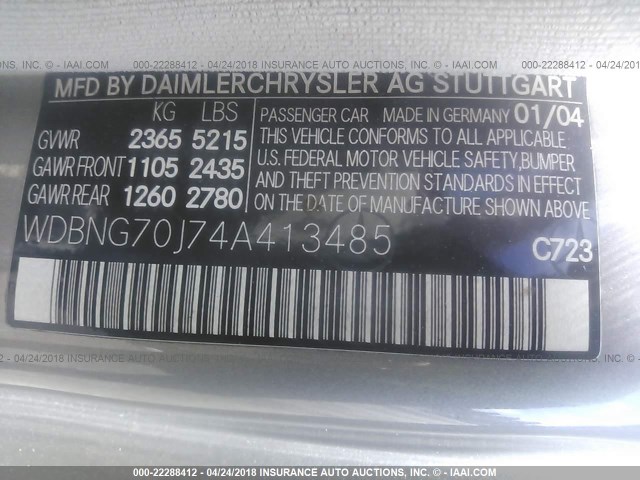 WDBNG70J74A413485 - 2004 MERCEDES-BENZ S 430 SILVER photo 9