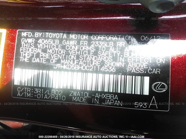 JTHKD5BH0C2114536 - 2012 LEXUS CT 200 RED photo 9