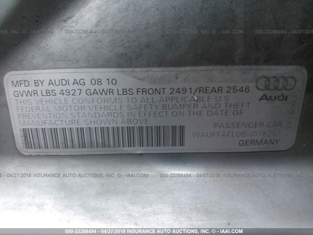 WAUFFAFL0BN018257 - 2011 AUDI A4 PREMIUM PLUS GRAY photo 9