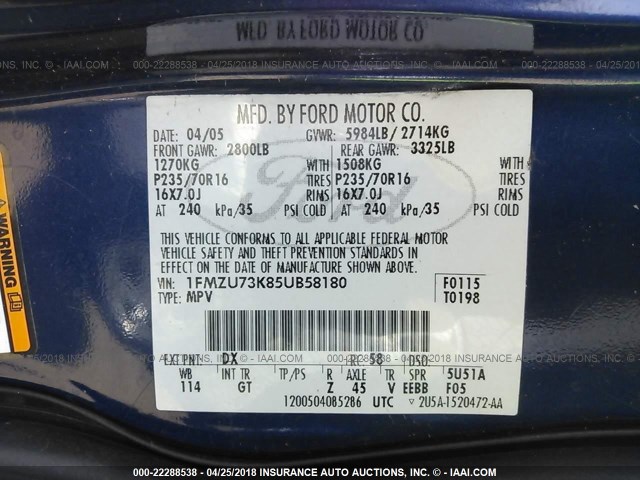 1FMZU73K85UB58180 - 2005 FORD EXPLORER XLT/XLT SPORT/NBX 蓝色 照片 9