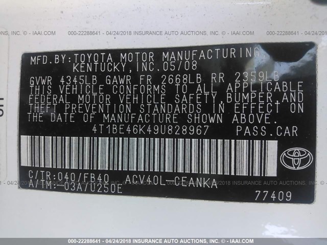 4T1BE46K49U828967 - 2009 TOYOTA CAMRY SE/LE/XLE WHITE photo 9