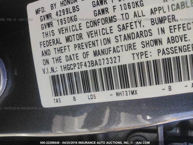 1HGCP2F43BA073327 - 2011 HONDA ACCORD LXP GRAY photo 9