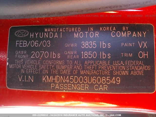 KMHDN45D03U608549 - 2003 HYUNDAI ELANTRA GLS/GT RED photo 9