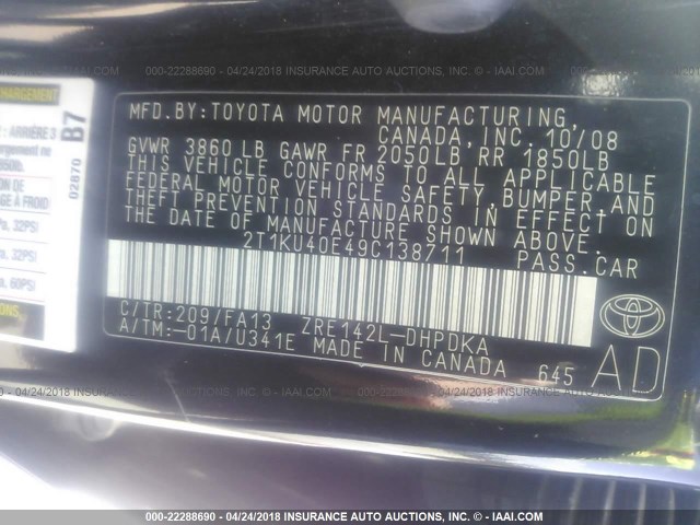 2T1KU40E49C138711 - 2009 TOYOTA COROLLA MATRIX  BLACK photo 9