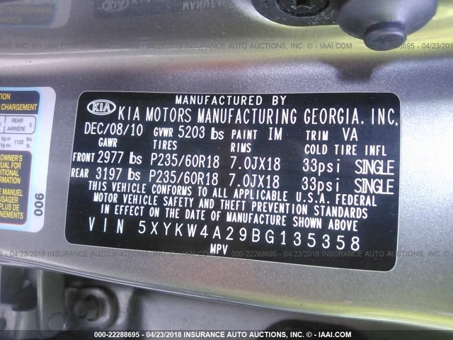 5XYKW4A29BG135358 - 2011 KIA SORENTO SX GRAY photo 9