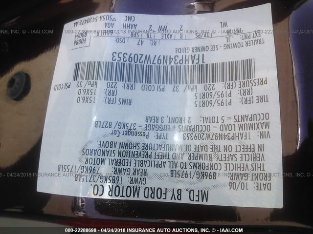 1FAHP34N97W209353 - 2007 FORD FOCUS ZX4/S/SE/SES 勃艮第红 照片 9