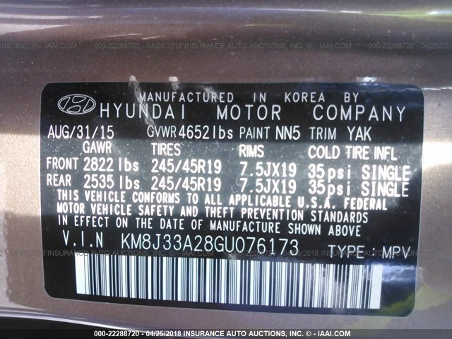 KM8J33A28GU076173 - 2016 HYUNDAI TUCSON LIMITED/SPORT AND ECO/SE BROWN photo 9