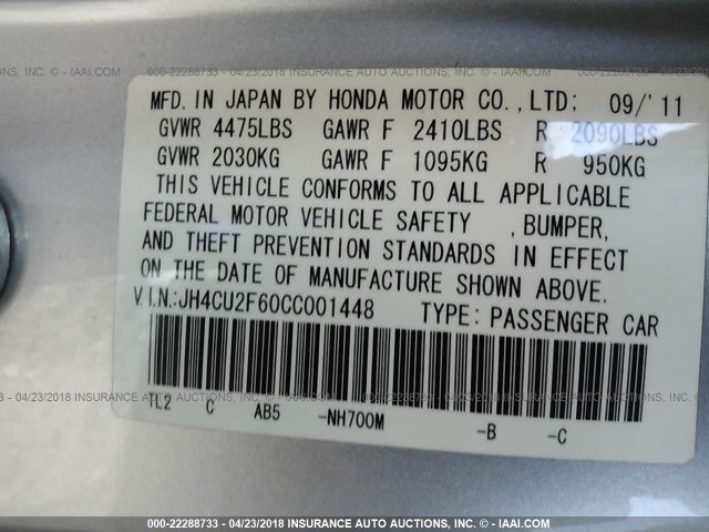 JH4CU2F60CC001448 - 2012 ACURA TSX TECH SILVER photo 9