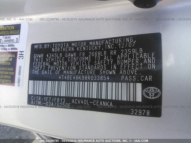 4T4BE46K98R033854 - 2008 TOYOTA CAMRY CE/LE/XLE/SE SILVER photo 9
