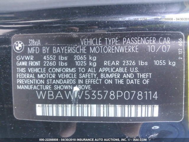 WBAWV53578P078114 - 2008 BMW 328 XI SULEV BLACK photo 9