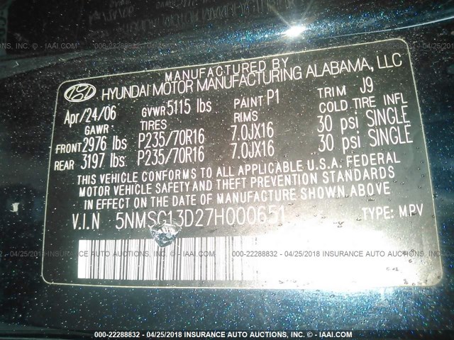 5NMSG13D27H000651 - 2007 HYUNDAI SANTA FE GLS BLUE photo 9