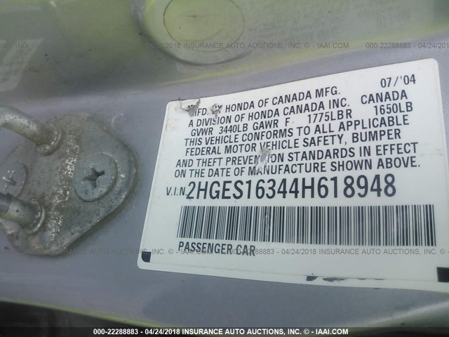 2HGES16344H618948 - 2004 HONDA CIVIC DX VP 银色 照片 9
