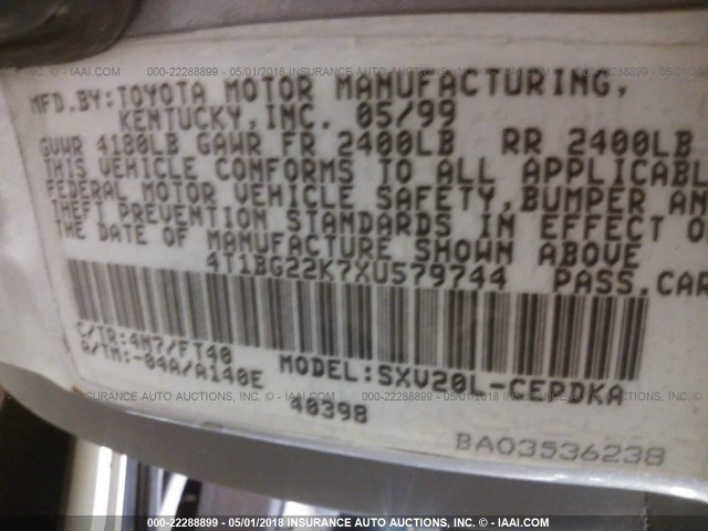 JT2BG22K6Y0432224 - 2000 TOYOTA CAMRY CE/LE/XLE 银色 照片 9