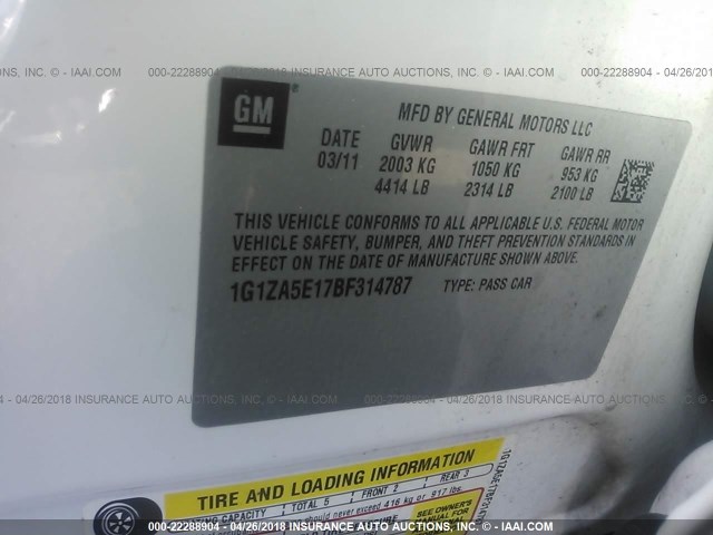 1G1ZA5E17BF314787 - 2011 CHEVROLET MALIBU LS 白色 照片 9