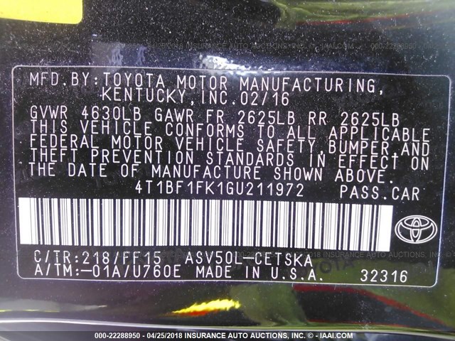 4T1BF1FK1GU211972 - 2016 TOYOTA CAMRY LE/XLE/SE/XSE BLACK photo 9