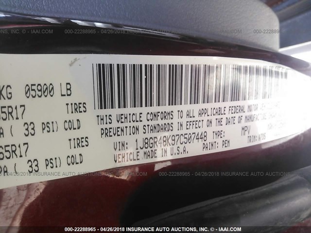 1J8GR48K97C507448 - 2007 JEEP GRAND CHEROKEE LAREDO/COLUMBIA/FREEDOM 红色 照片 9