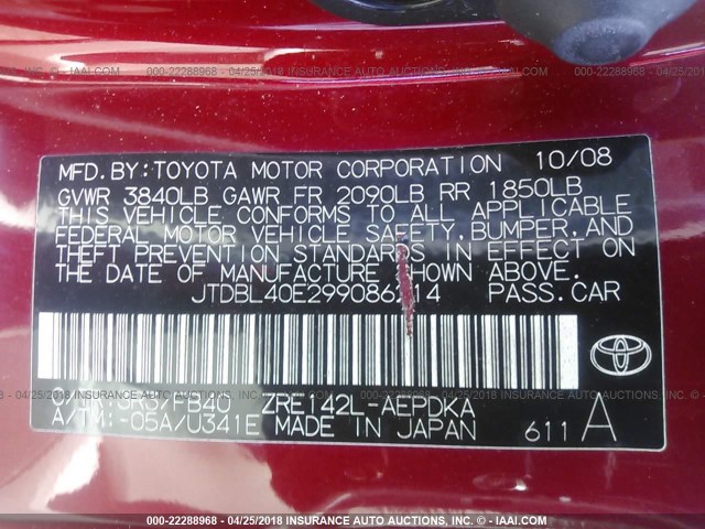 JTDBL40E299086214 - 2009 TOYOTA COROLLA LE/XLE RED photo 9