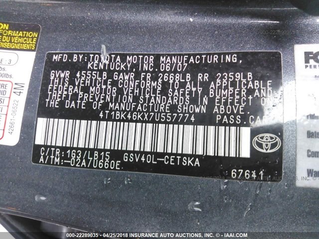 4T1BK46KX7U557774 - 2007 TOYOTA CAMRY NEW GENERAT LE/XLE/SE GRAY photo 9