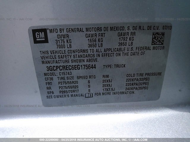 3GCPCREC6EG175644 - 2014 CHEVROLET SILVERADO C1500 LT SILVER photo 9