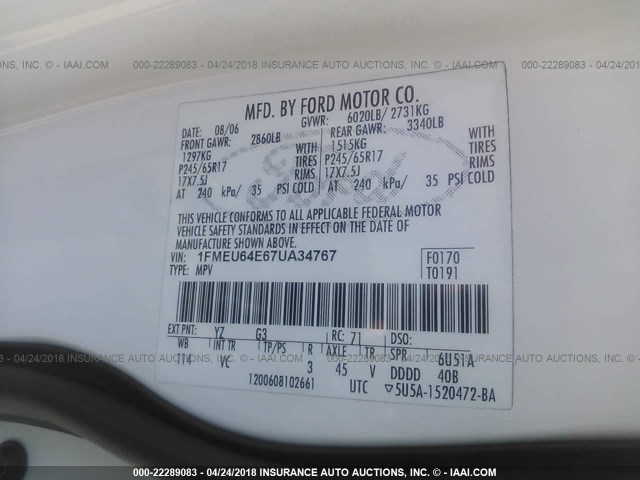 1FMEU64E67UA34767 - 2007 FORD EXPLORER EDDIE BAUER WHITE photo 9