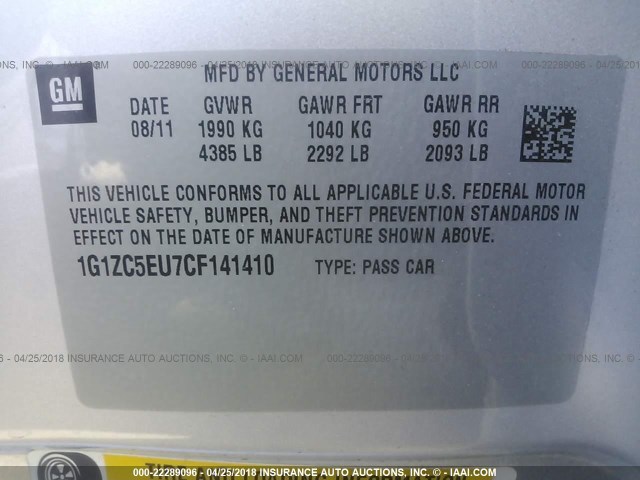 1G1ZC5EU7CF141410 - 2012 CHEVROLET MALIBU 1LT 银色 照片 9