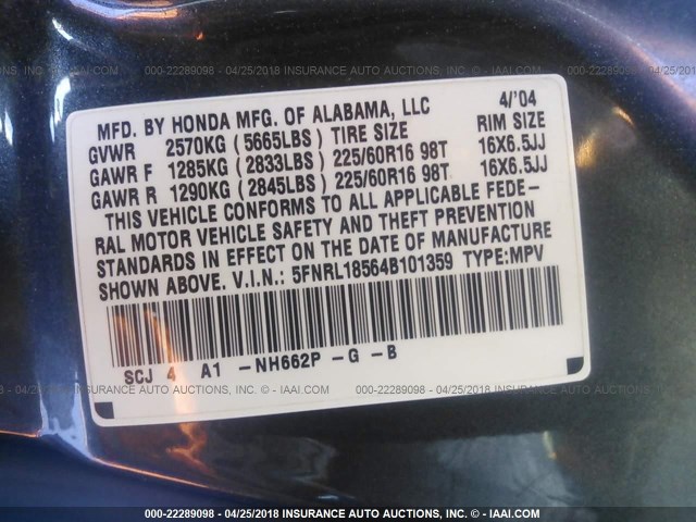 5FNRL18564B101359 - 2004 HONDA ODYSSEY LX BLUE photo 9