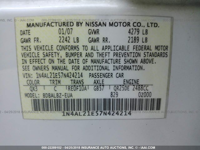 1N4AL21E57N424214 - 2007 NISSAN ALTIMA 2.5/2.5S WHITE photo 9