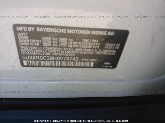 5UXKR0C39H0V78743 - 2017 BMW X5 XDRIVE35I WHITE photo 9