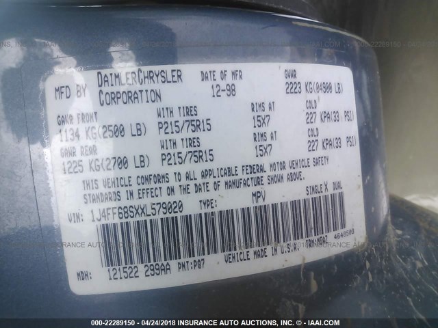 1J4FF68SXXL579020 - 1999 JEEP CHEROKEE SPORT/CLASSIC ლურჯი ფოტო 9