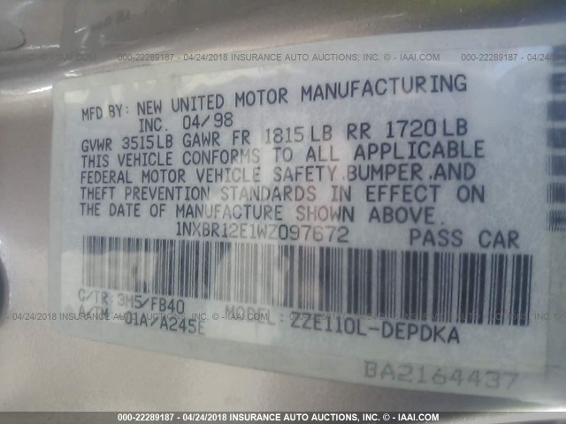 1NXBR12E1WZ097672 - 1998 TOYOTA COROLLA VE/CE/LE 棕色 照片 9