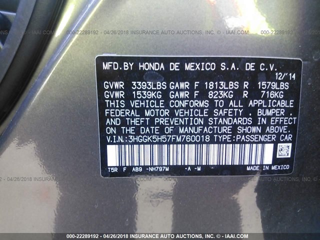 3HGGK5H57FM760018 - 2015 HONDA FIT LX GRAY photo 9