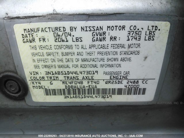 3N1AB51D44L473019 - 2004 NISSAN SENTRA SE-R SPEC V GRAY photo 9