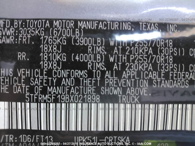 5TFRM5F19BX021898 - 2011 TOYOTA TUNDRA DOUBLE CAB SR5 SILVER photo 9