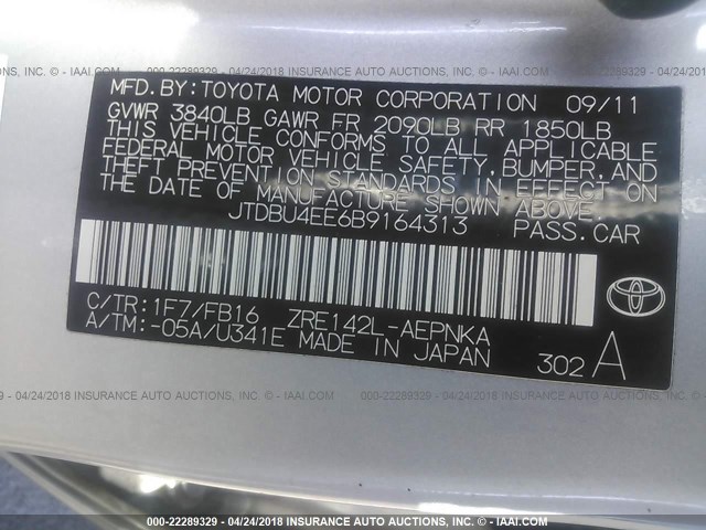 JTDBU4EE6B9164313 - 2011 TOYOTA COROLLA S/LE SILVER photo 9