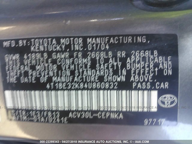 4T1BE32K84U860832 - 2004 TOYOTA CAMRY LE/XLE/SE ნაცრისფერი ფოტო 9