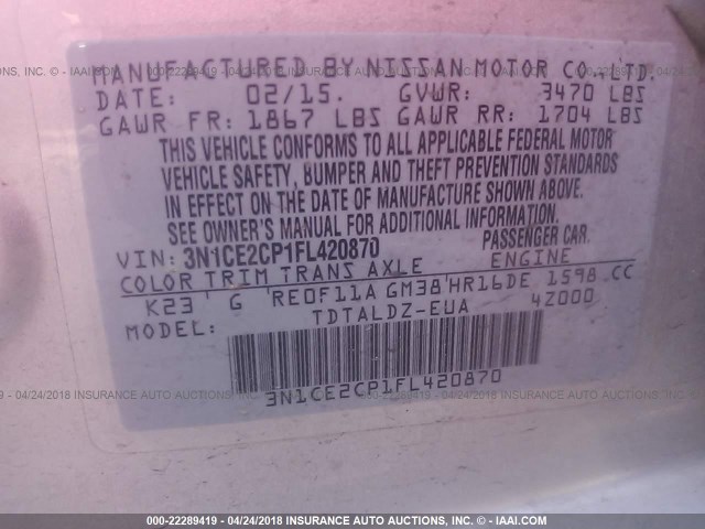 3N1CE2CP1FL420870 - 2015 NISSAN VERSA NOTE S/S PLUS/SV/SL/SR SILVER photo 9