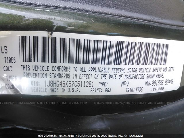 1J8HG48K97C511381 - 2007 JEEP COMMANDER GREEN photo 9