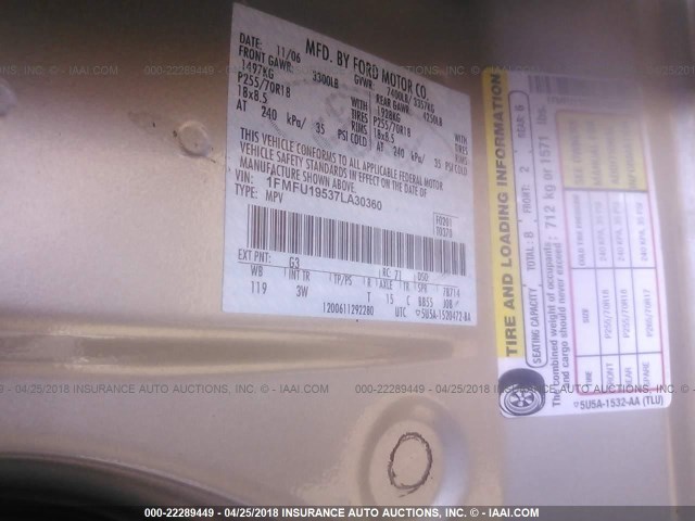 1FMFU19537LA30360 - 2007 FORD EXPEDITION LIMITED GOLD photo 9