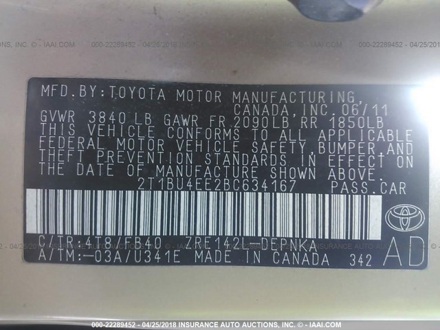 2T1BU4EE2BC634167 - 2011 TOYOTA COROLLA S/LE GOLD photo 9