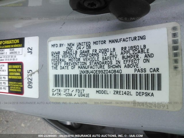 1NXBU40E99Z040840 - 2009 TOYOTA COROLLA S/LE/XLE SILVER photo 9