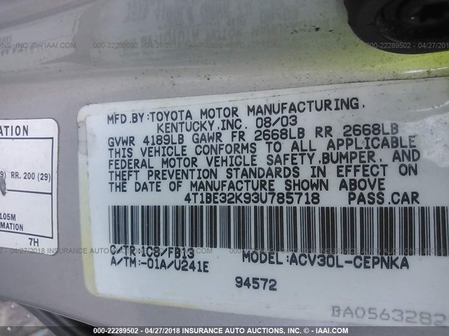 4T1BE32K93U785718 - 2003 TOYOTA CAMRY LE/XLE/SE ვერცხლისფერი ფოტო 9