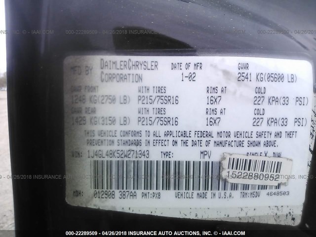 1J4GL48K52W271343 - 2002 JEEP LIBERTY SPORT 黑色 照片 9