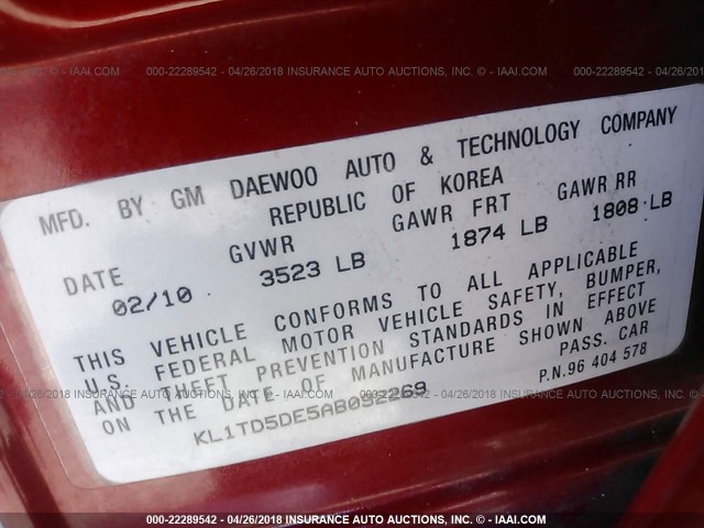 KL1TD5DE5AB092269 - 2010 CHEVROLET AVEO LS/LT 红色 照片 9