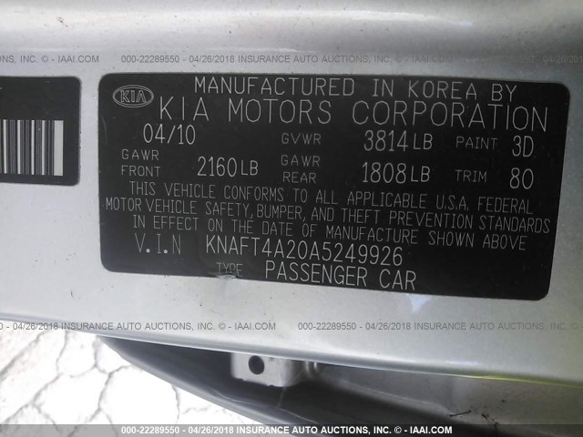 KNAFT4A20A5249926 - 2010 KIA FORTE LX SILVER photo 9