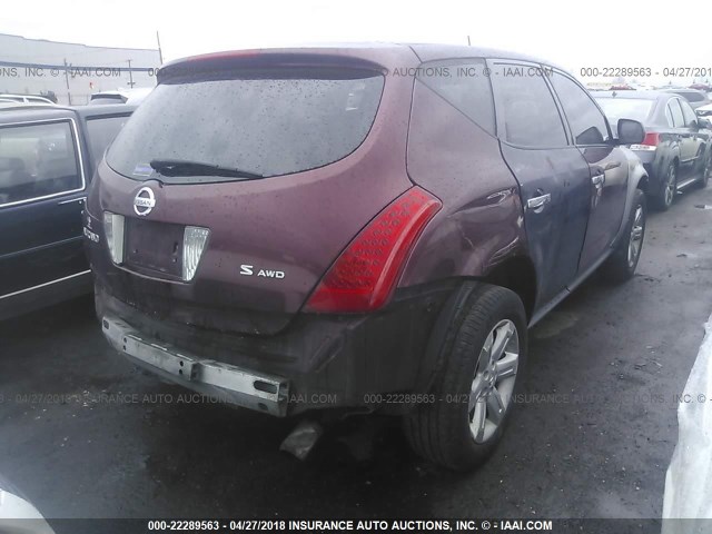 JN8AZ08W66W522256 - 2006 NISSAN MURANO SL/SE/S MAROON photo 4