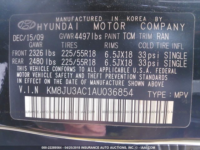 KM8JU3AC1AU036854 - 2010 HYUNDAI TUCSON GLS/LIMITED BLACK photo 9