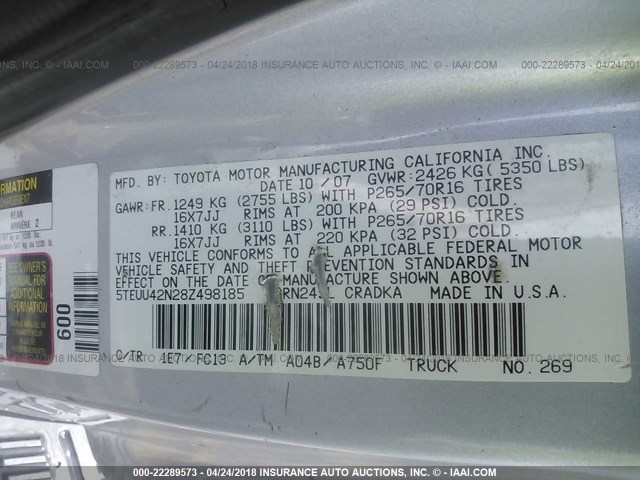 5TEUU42N28Z498185 - 2008 TOYOTA TACOMA ACCESS CAB SILVER photo 9