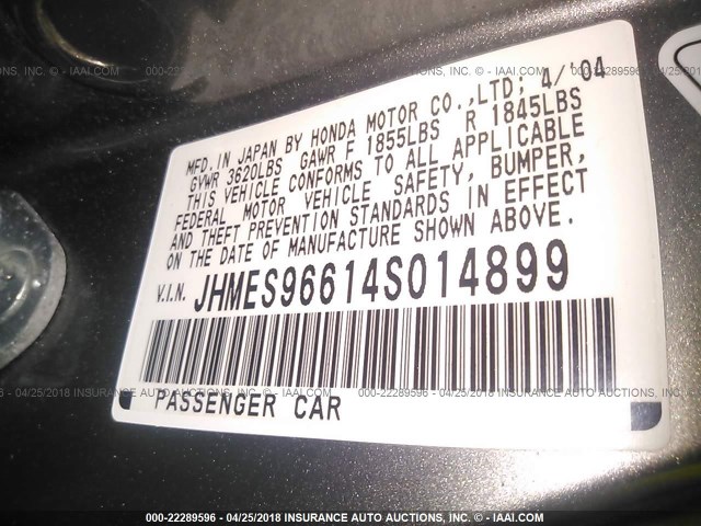 JHMES96614S014899 - 2004 HONDA CIVIC HYBRID GRAY photo 9