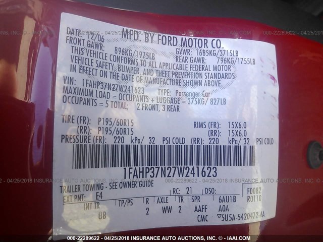 1FAHP37N27W241623 - 2007 FORD FOCUS ZX5/S/SE/SES 红色 照片 9