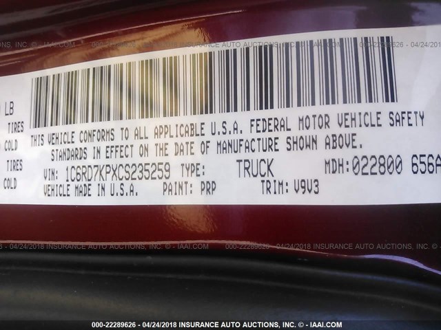 1C6RD7KPXCS235259 - 2012 DODGE RAM 1500 ST RED photo 9